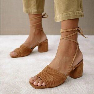 Alohas Kahlo Camel Suede Ankle Wrap Block Heel Sandals EU 39 US 8.5